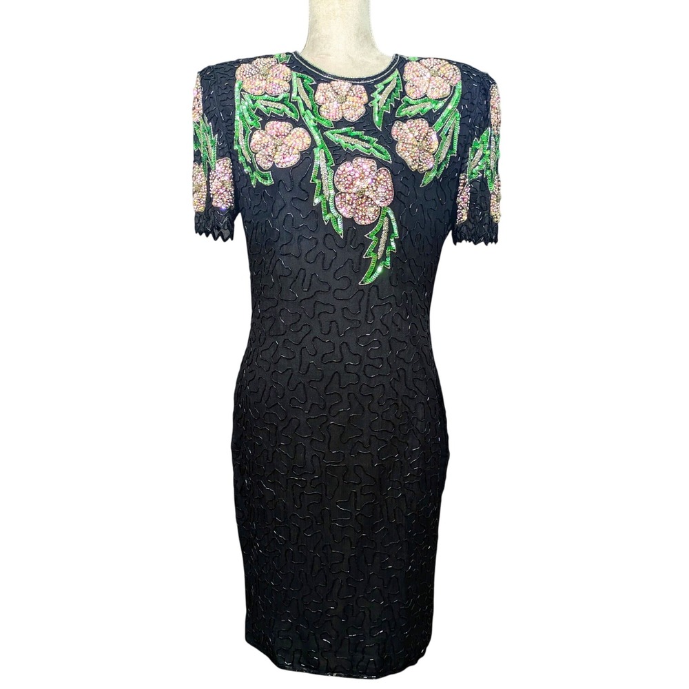 Vintage Laurence Kazar Black‎ Silk Floral Beaded Sequins Open Back Dress Size M